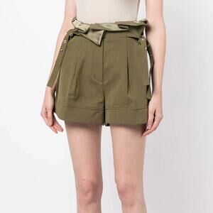 3.1 Phillip Lim Olive Green High Waist Cotton Linen Pleated Paperbag Shorts